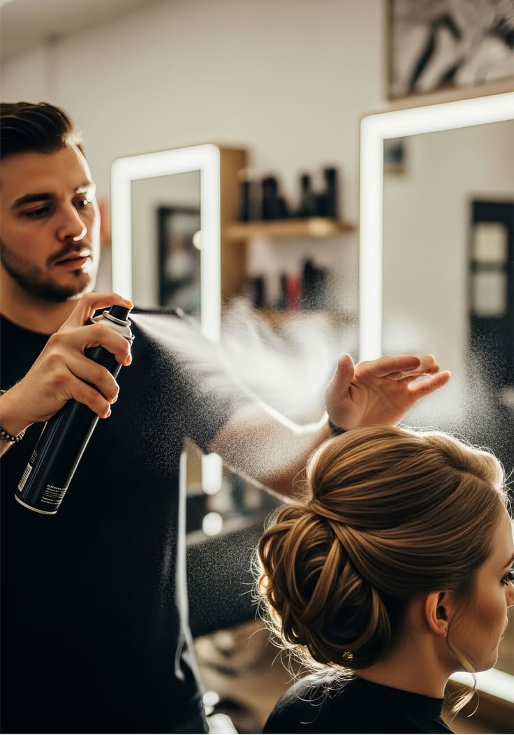 Stylist finishing an elegant low chignon